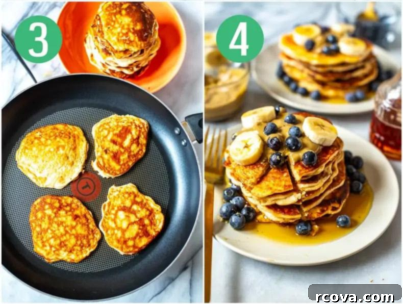 Power-Packed 4-Ingredient Fluffy Pancakes 6 Two overhead shots showing step 3: cooking pancakes in a pan, and step 4: serving plated pancakes.