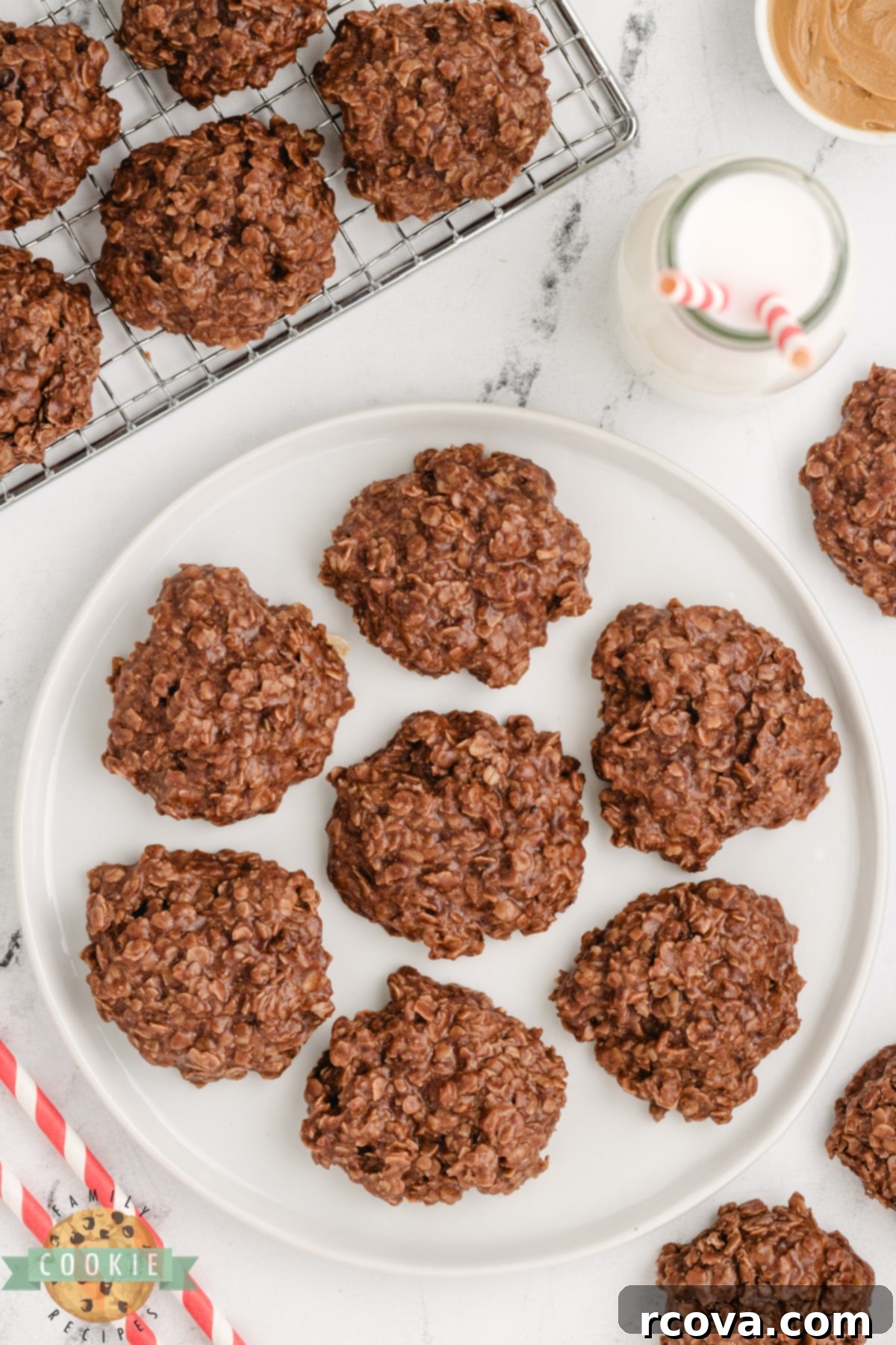 Instant Microwave Cookies 3 Plate of no bake cookies made with cocoa, peanut butter, and oats.