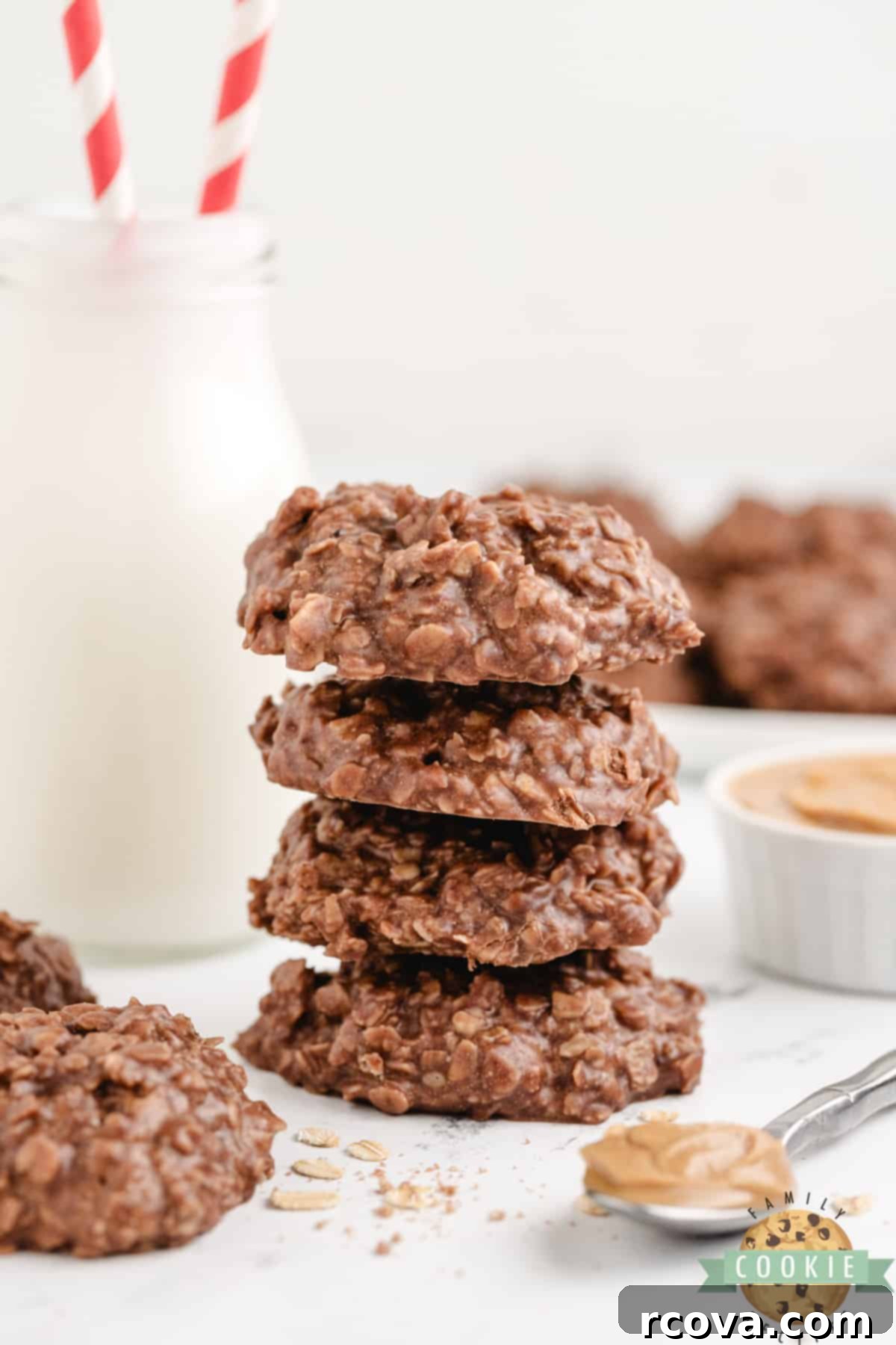 Instant Microwave Cookies 5 Stack of chocolate peanut butter oat cookies.