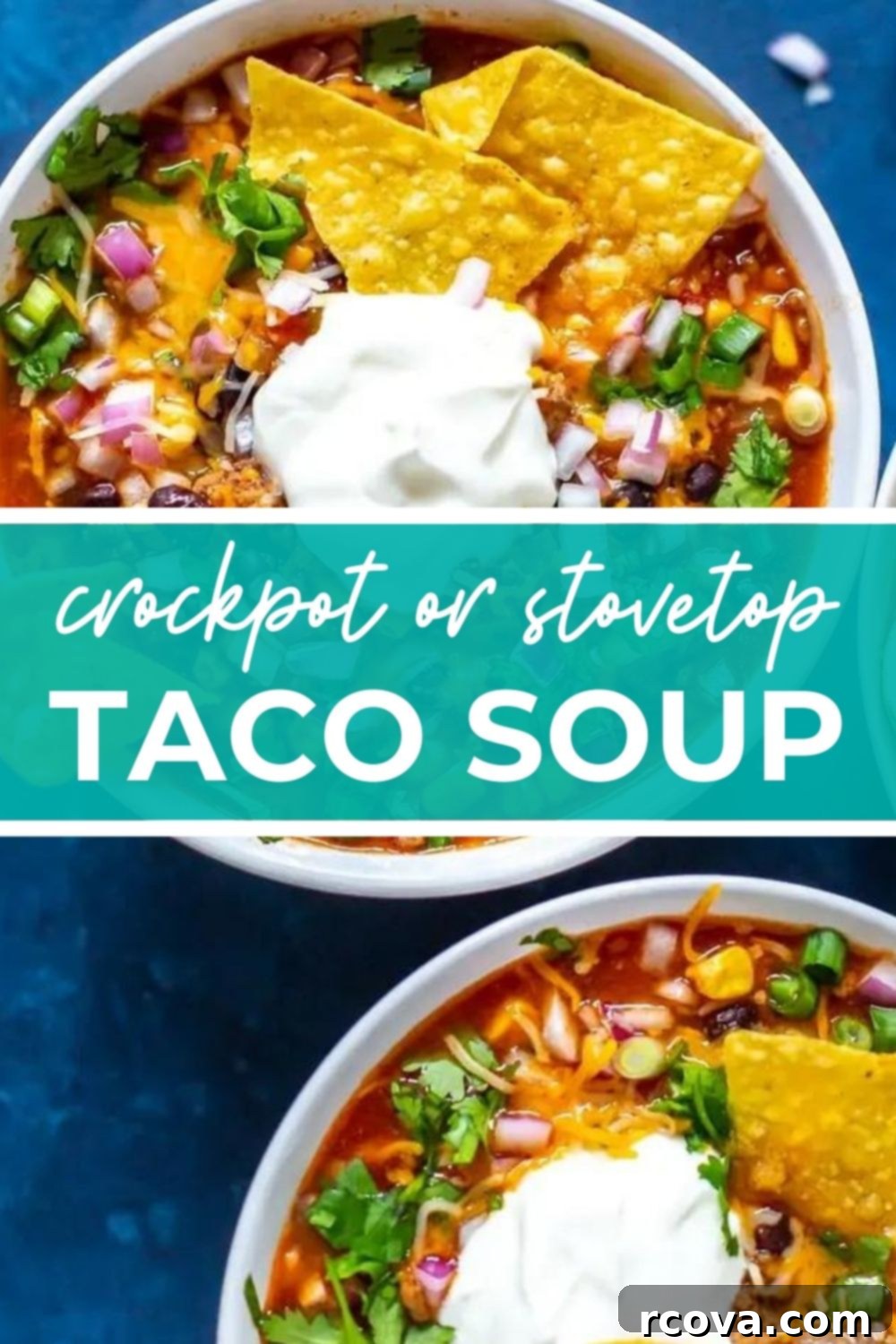 Effortless Taco Soup for Slow Cooker or Stovetop 11 Bowl of taco soup, with text that says 'Crockpot or Stovetop Taco Soup'