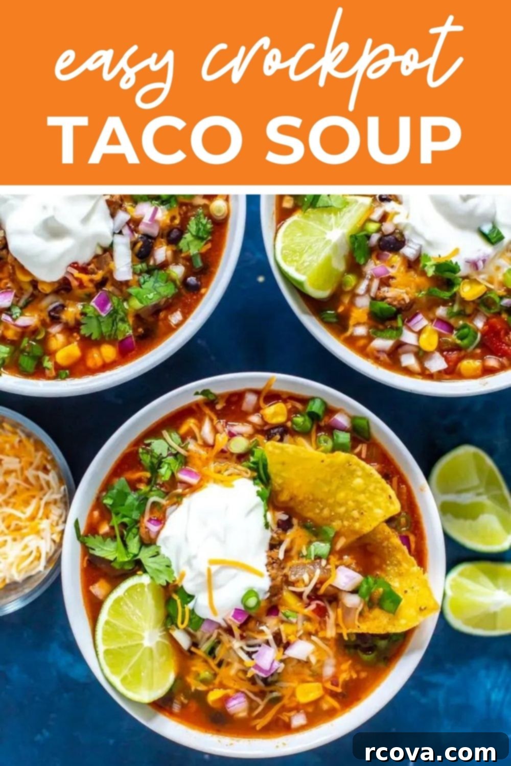 Effortless Taco Soup for Slow Cooker or Stovetop 12 Three bowls of taco soup, with text that says 'Easy Crockpot Taco Soup'