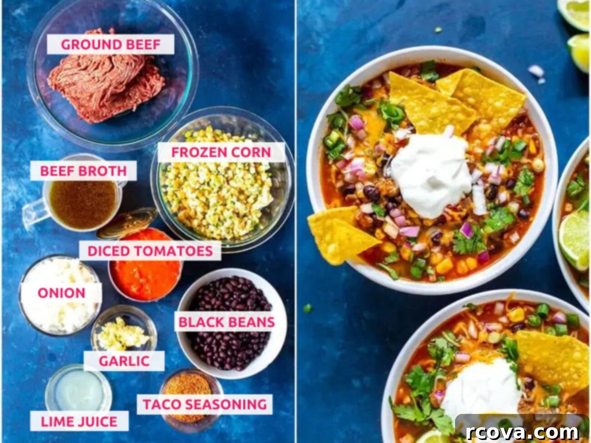 Effortless Taco Soup for Slow Cooker or Stovetop 4 Ingredients for crockpot taco soup: ground beef, frozen corn, black beans, beef broth, diced tomatoes, onion, garlic, lime juice and taco seasoning.