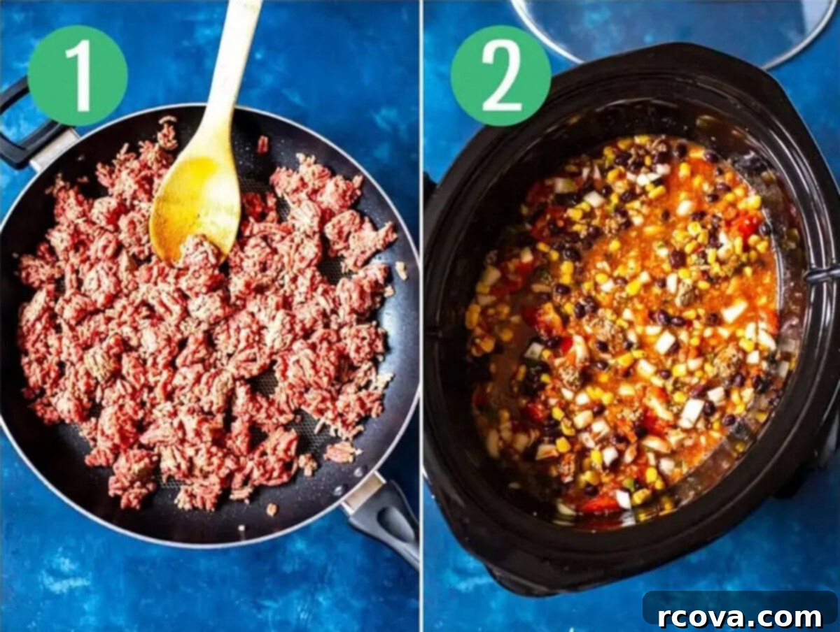 Effortless Taco Soup for Slow Cooker or Stovetop 5 Steps 1 and 2 for making crockpot taco soup: Brown the beef then add everything to the crockpot.