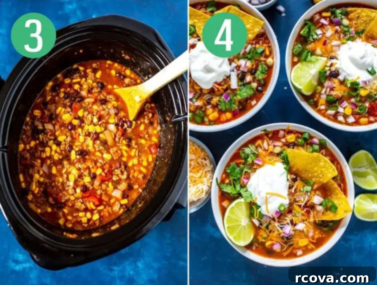 Effortless Taco Soup for Slow Cooker or Stovetop 6 Steps 3 and 4 for making crockpot taco soup: Cook then serve.