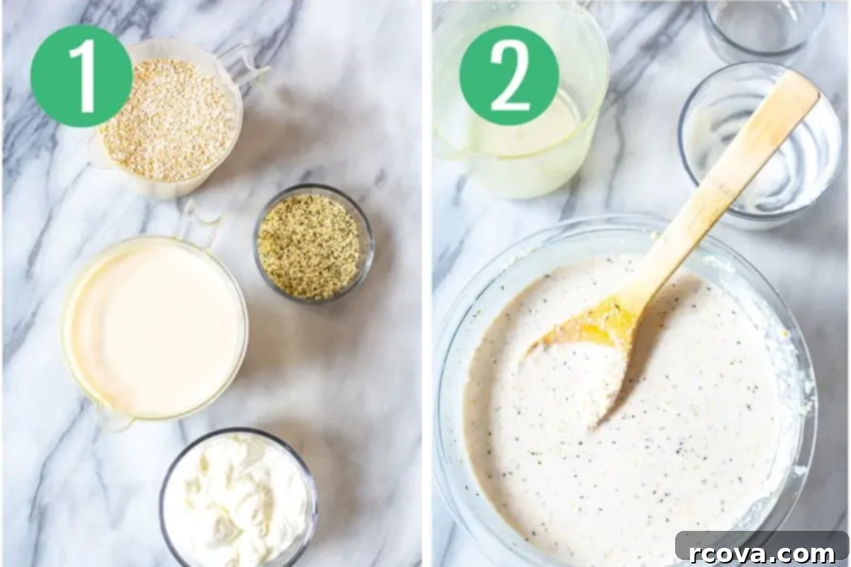 Effortless Morning Oats 5 Visual steps for preparing overnight steel cut oats: Step 1 shows ingredients, Step 2 shows mixing oats in a bowl.