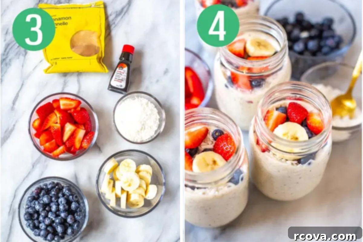 Effortless Morning Oats 6 Visual steps for preparing overnight steel cut oats: Step 3 shows fresh fruit toppings, Step 4 shows oats portioned into mason jars and refrigerated.