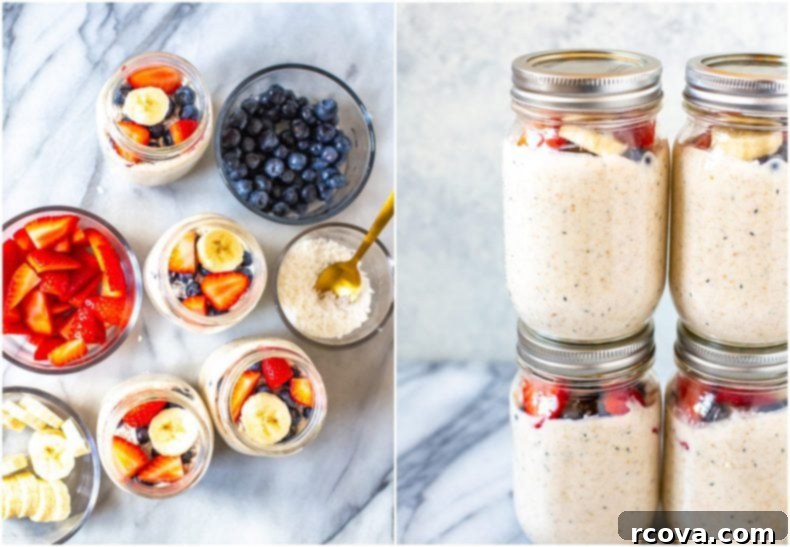 Effortless Morning Oats 9 Overhead shot of two mason jars of overnight steel cut oats, one with fresh berries and the other with sliced kiwi and granola.