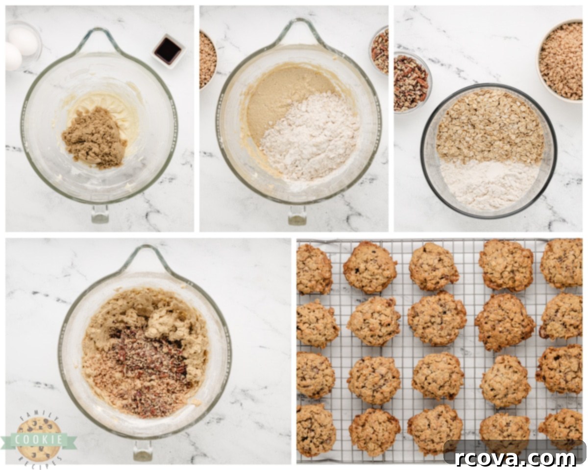 Chewy Toffee Pecan Oatmeal Delights 4 A step-by-step image collage showing how to make buttery oatmeal toffee pecan cookies from ingredients to dough