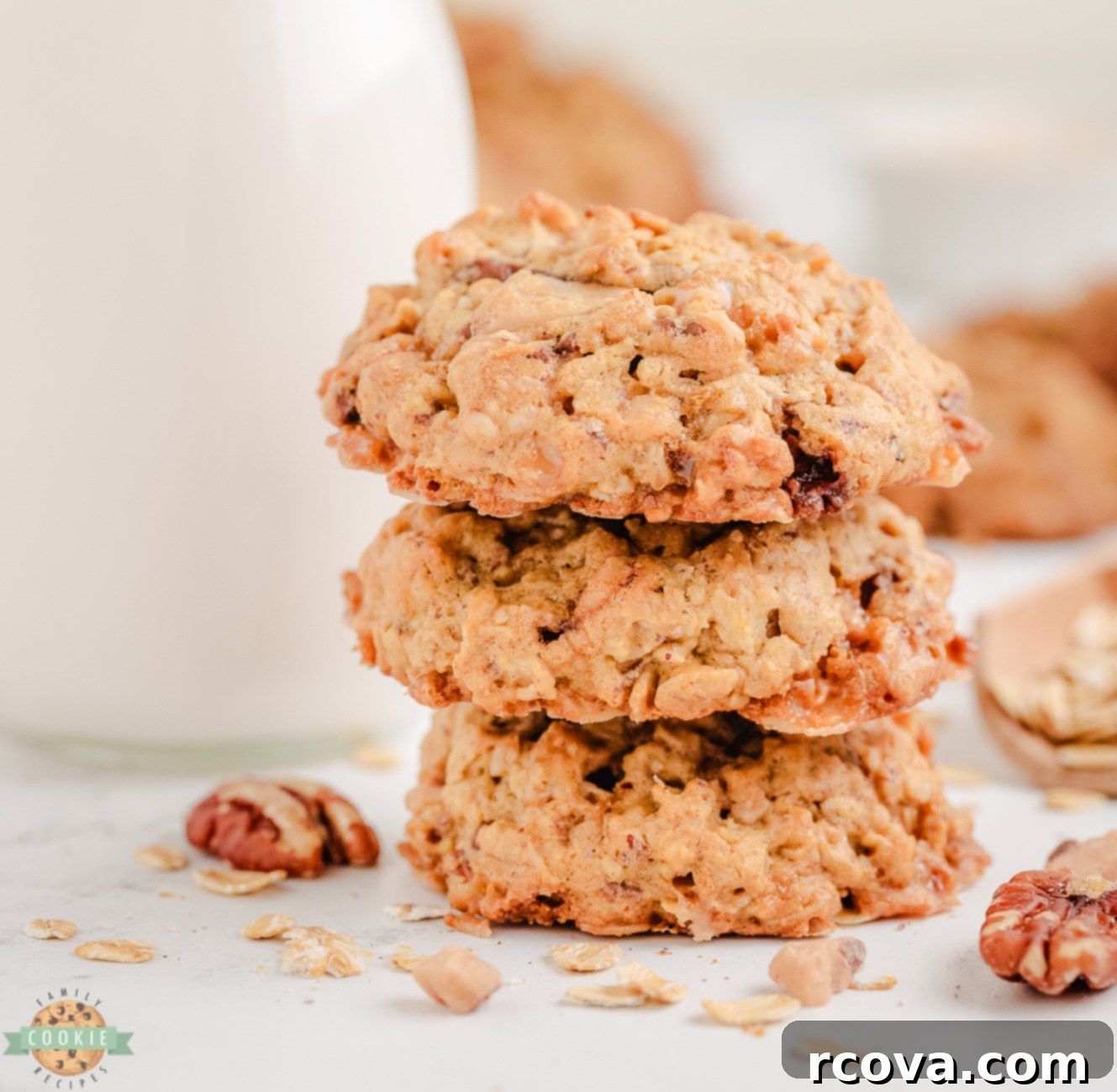 Chewy Toffee Pecan Oatmeal Delights 5 A stack of freshly baked oatmeal toffee pecan cookies, ready to be enjoyed