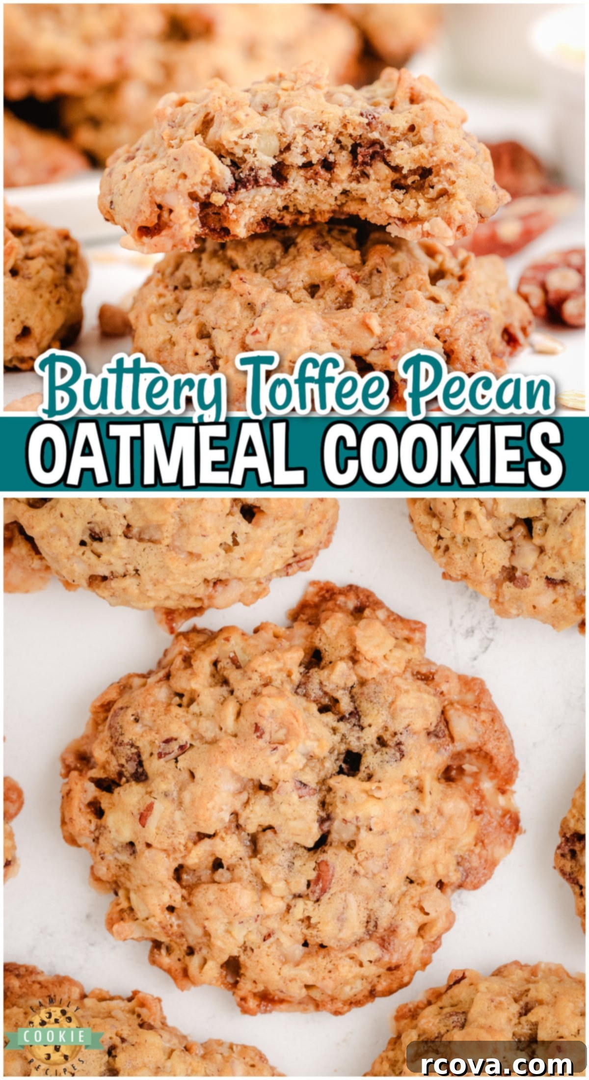 Chewy Toffee Pecan Oatmeal Delights 9 Oatmeal Toffee Pecan Cookies are a delightful treat loaded with oats, toffee bits & pecans for a chewy, buttery cookie with fabulous flavor!