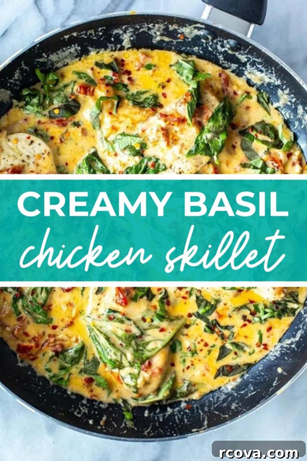 Effortless Creamy Basil Chicken Skillet 11 Overhead shot of creamy basil chicken in a skillet, with text that says 'Creamy Basil Chicken Skillet'