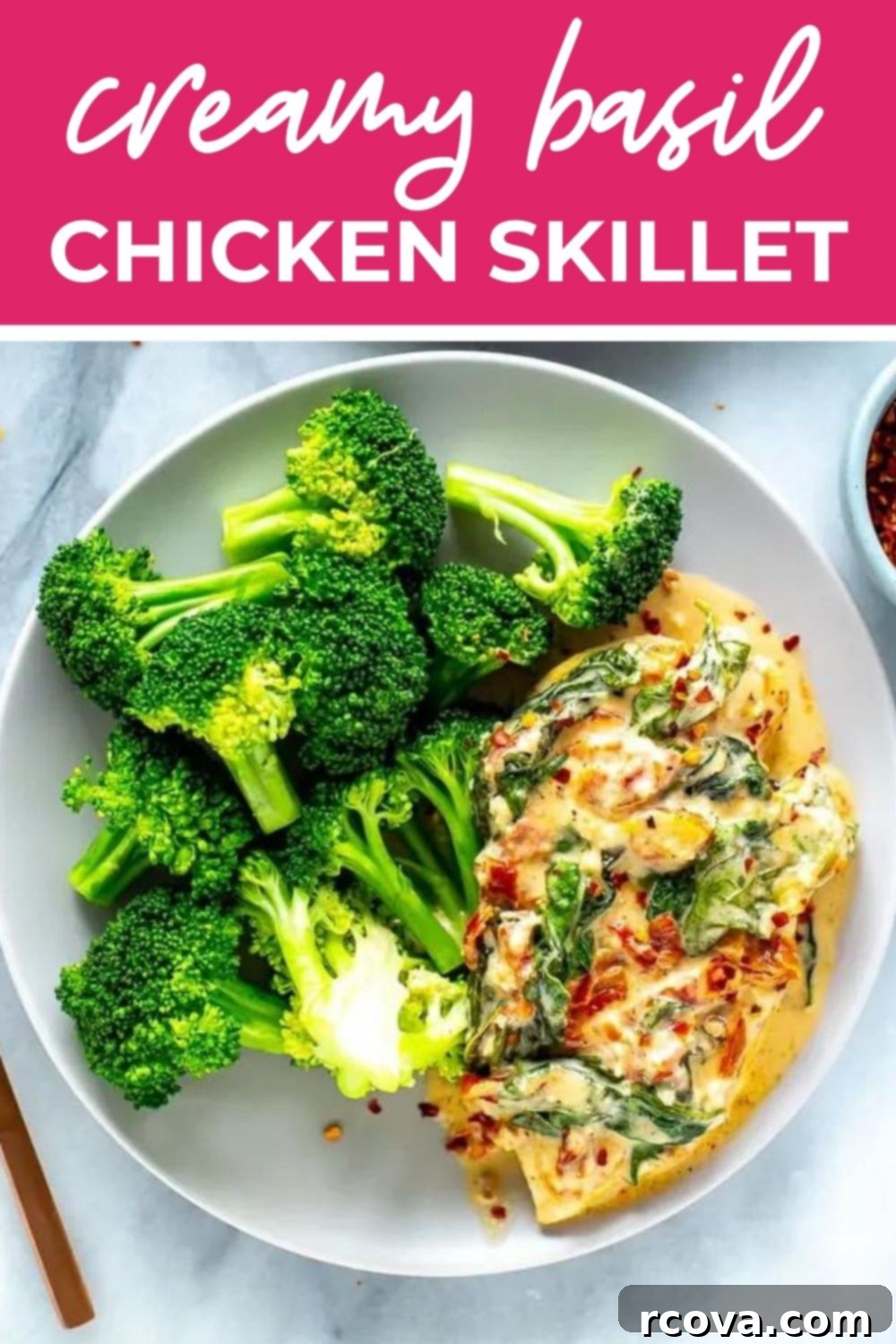 Effortless Creamy Basil Chicken Skillet 12 Overhead shot of creamy basil chicken and broccoli on a plate, with text that says 'Creamy Basil Chicken Skillet'