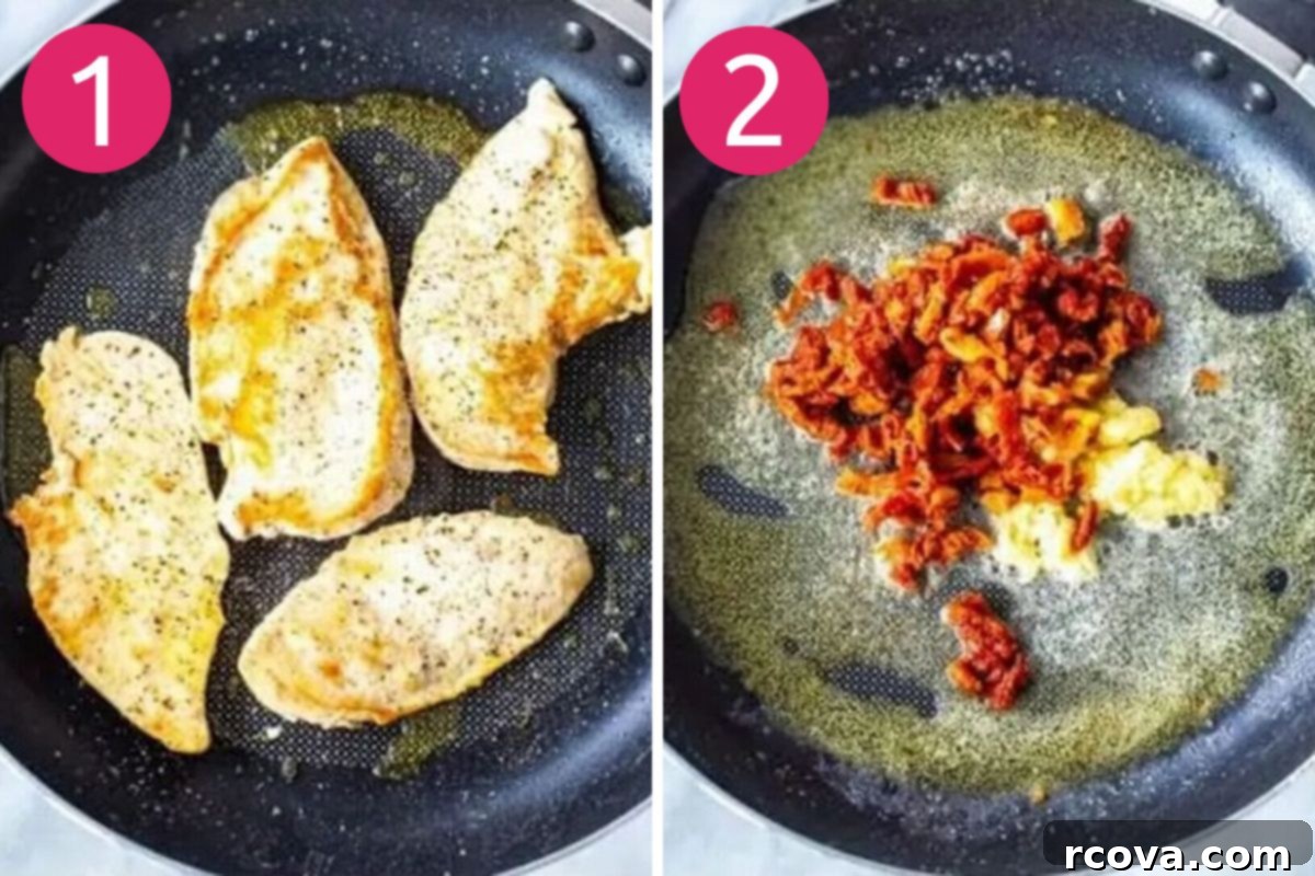 Effortless Creamy Basil Chicken Skillet 5 Step-by-step image showing chicken cutlets browning in a skillet on the left, and garlic and sundried tomatoes sautéing in butter on the right.