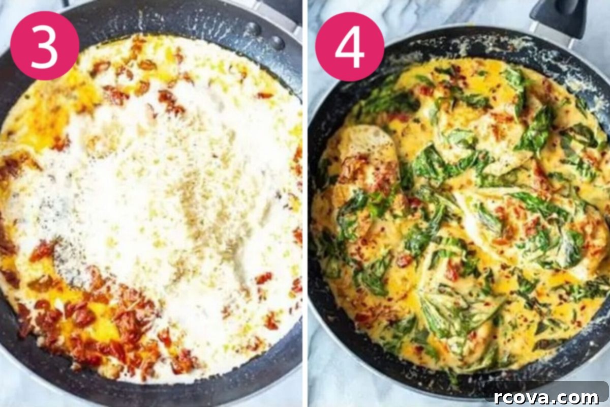 Effortless Creamy Basil Chicken Skillet 6 Step-by-step image showing heavy cream being added to the skillet on the left, and parmesan cheese being stirred into the simmering cream sauce on the right.