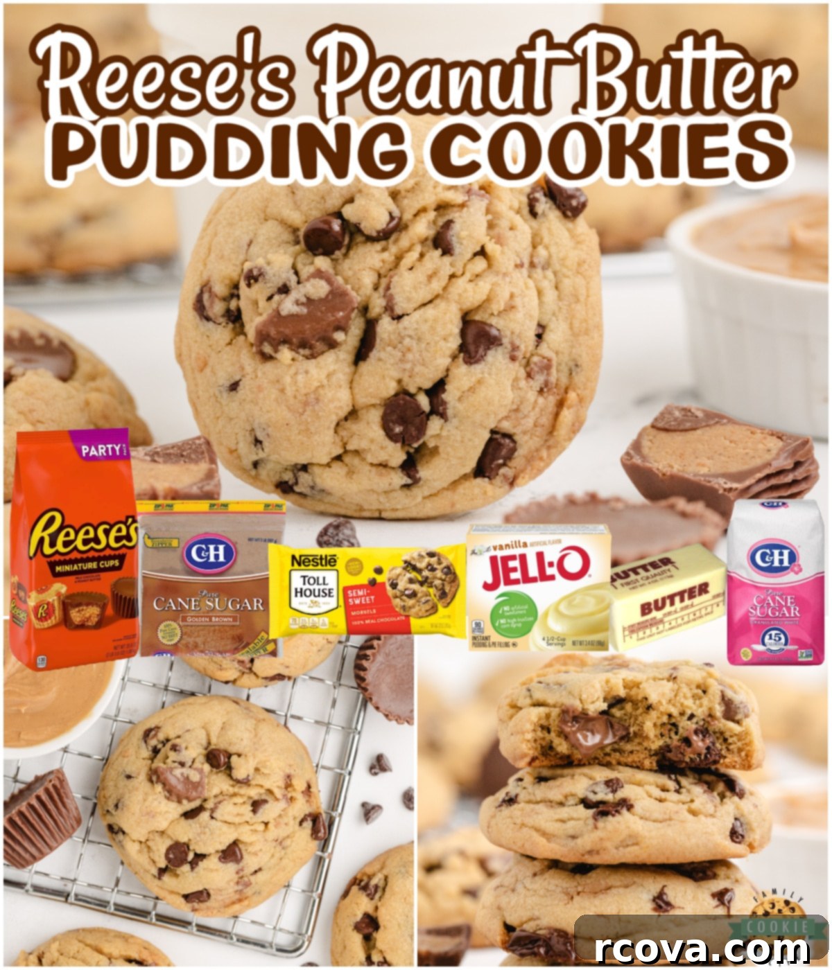 Reese's Peanut Butter Pudding Cookies 14 A collage of Reese's Peanut Butter Pudding Cookies, showcasing their soft, chewy texture and delicious mix-ins, making them a must-try dessert.