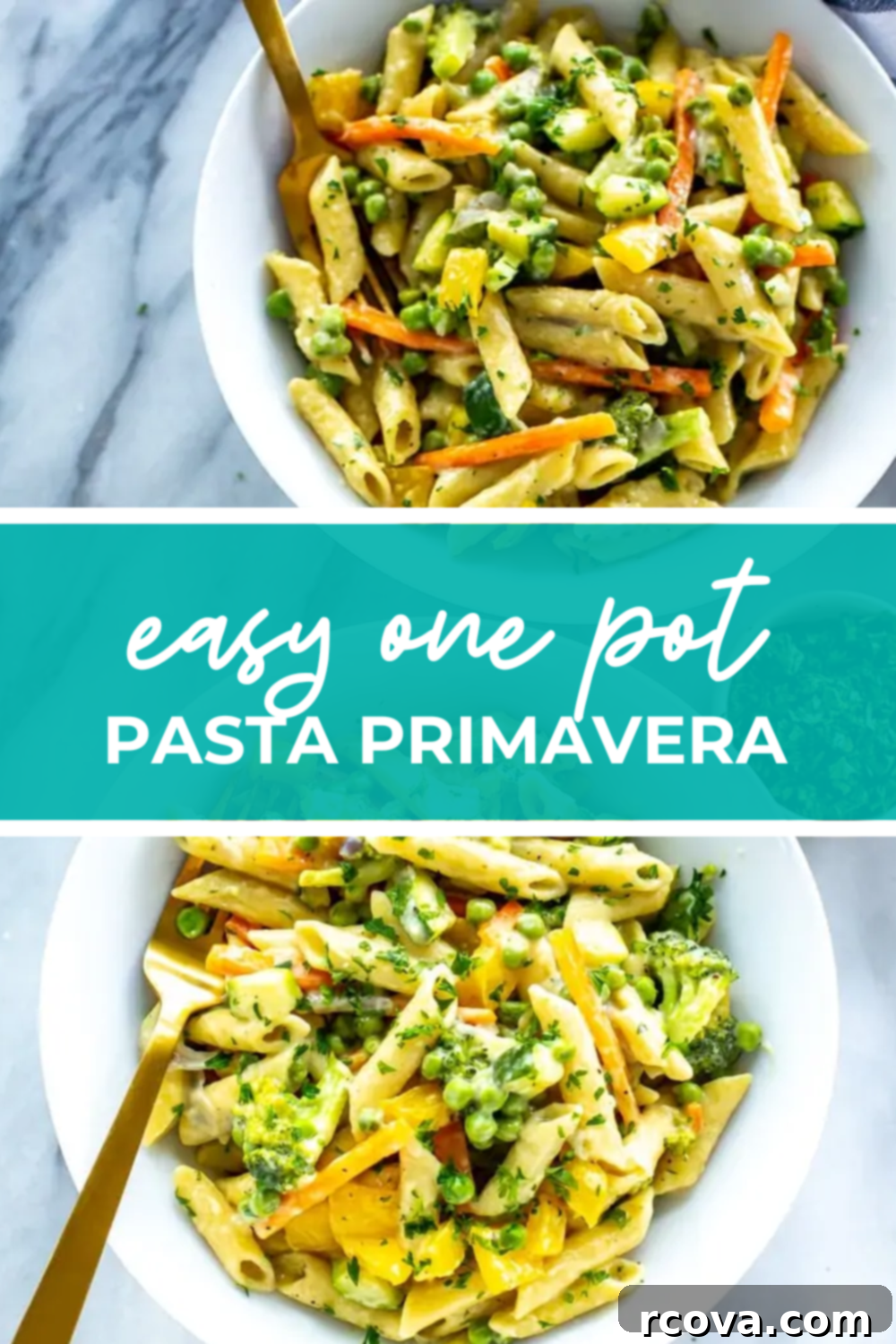 Effortless One-Pot Spring Pasta 12 Overhead shot of plated dish with green banner in the middle - reading "easy one pot pasta primavera"