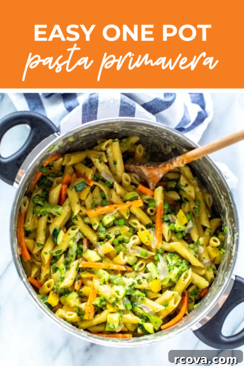Effortless One-Pot Spring Pasta 13 Overhead shot of plated dish with green banner in the middle - reading "easy one pot pasta primavera"