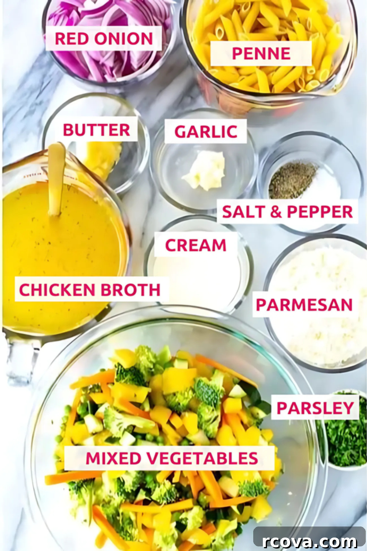 Effortless One-Pot Spring Pasta 4 Overhead shot of fresh ingredients laid out for one pot pasta primavera including penne, vegetables, and cream