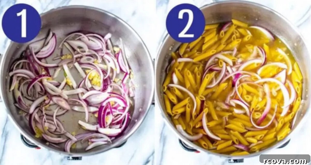 Effortless One-Pot Spring Pasta 5 Steps 1 and 2 for making pasta primavera: First sauté onions and garlic, then add penne pasta and chicken broth to the pot.