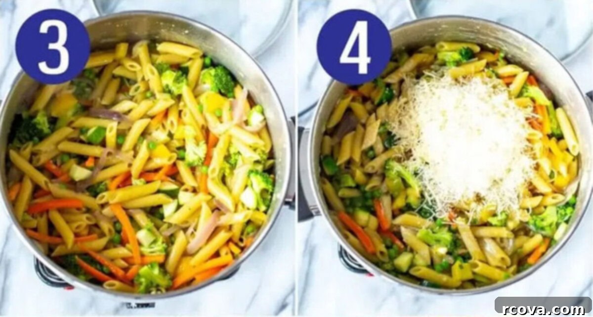 Effortless One-Pot Spring Pasta 6 Steps 3 and 4 for making pasta primavera: First mix in fresh veggies, then stir in butter, salt, pepper, cream, and parmesan cheese.