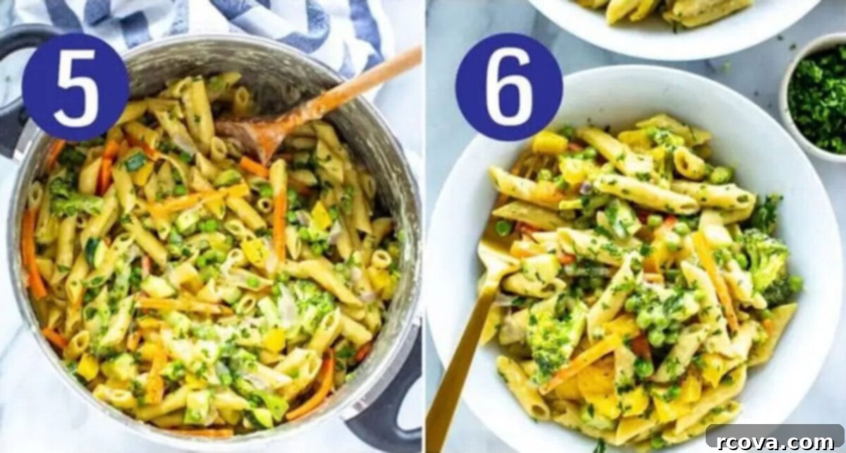 Effortless One-Pot Spring Pasta 7 Steps 5 and 6 for making pasta primavera: Toss everything together until well coated and then serve hot.