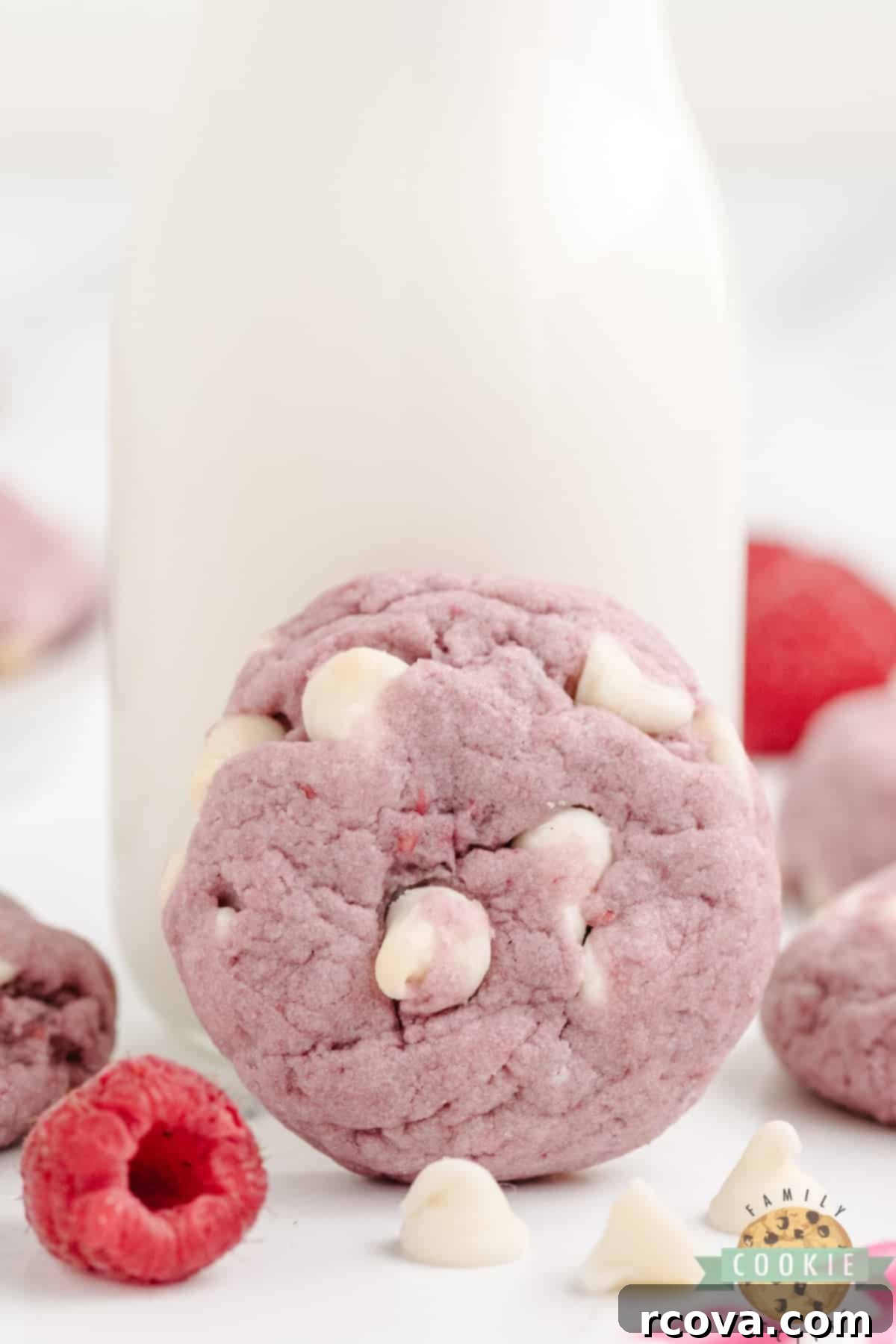 Ruby Red Raspberry Bites 12 Close-up of a Raspberry White Chocolate Chip cookie next to a glass of milk.
