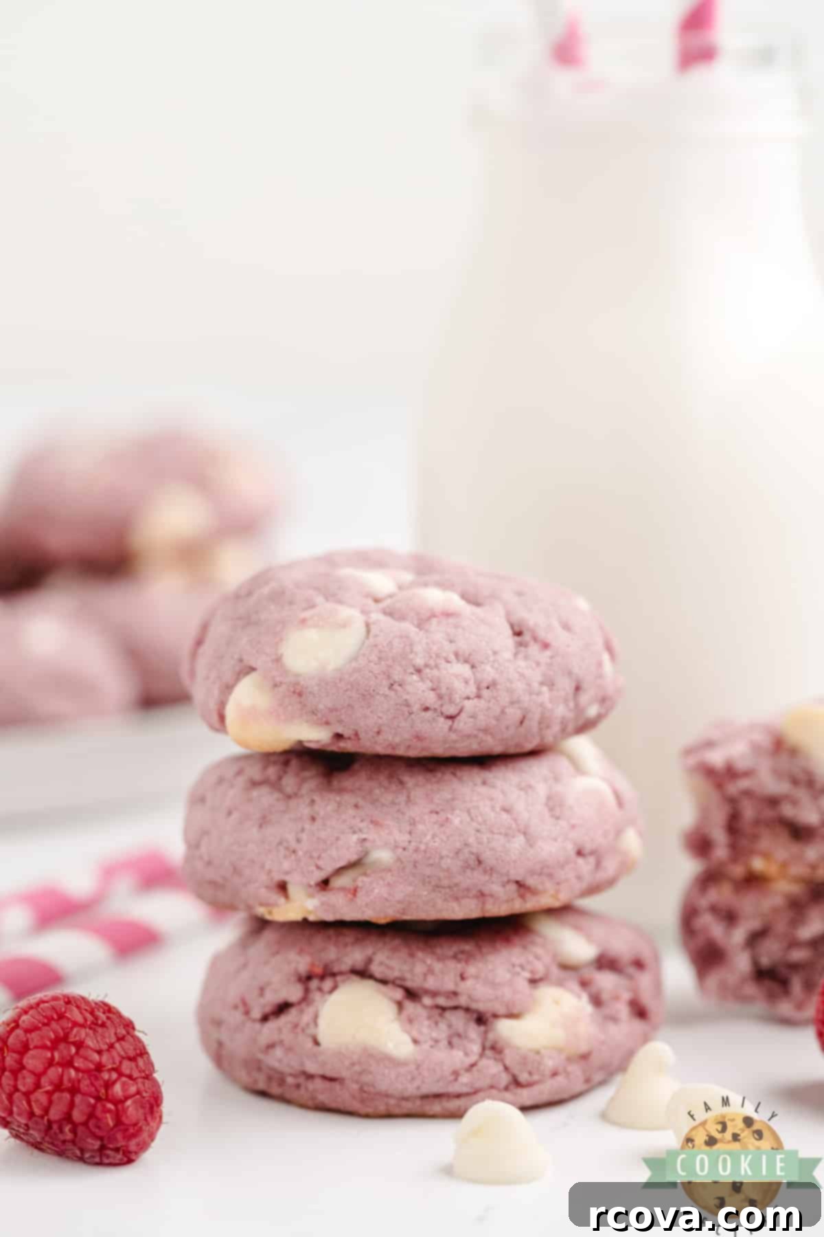 Ruby Red Raspberry Bites 14 A tall stack of pink raspberry cookies with visible white chocolate chips.