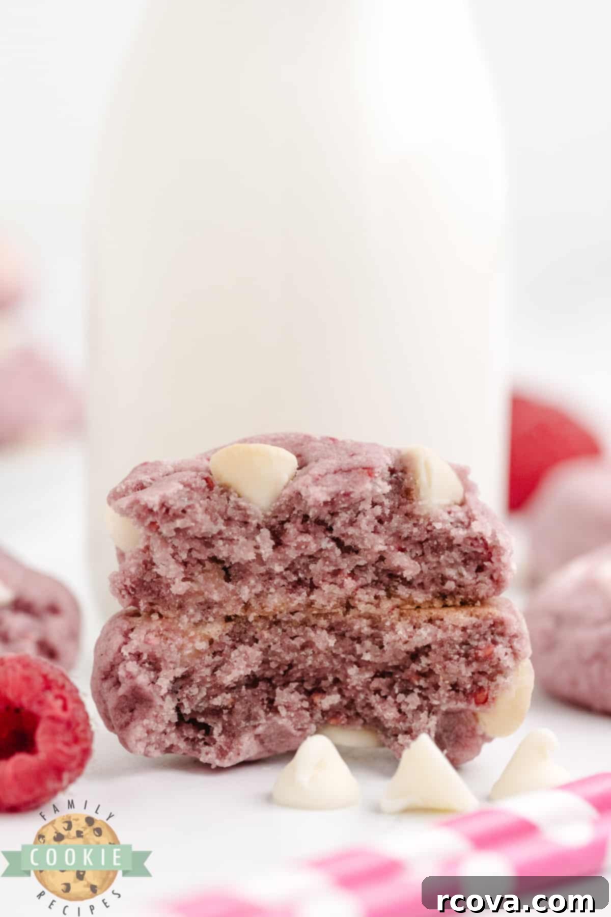 Ruby Red Raspberry Bites 3 Close-up of freshly baked cookies made with frozen raspberries, highlighting the juicy berry pieces.