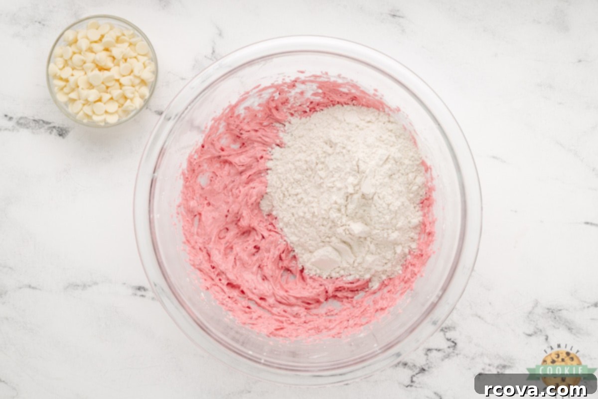 Ruby Red Raspberry Bites 8 Adding the pre-mixed dry flour mixture into the raspberry butter-sugar blend.