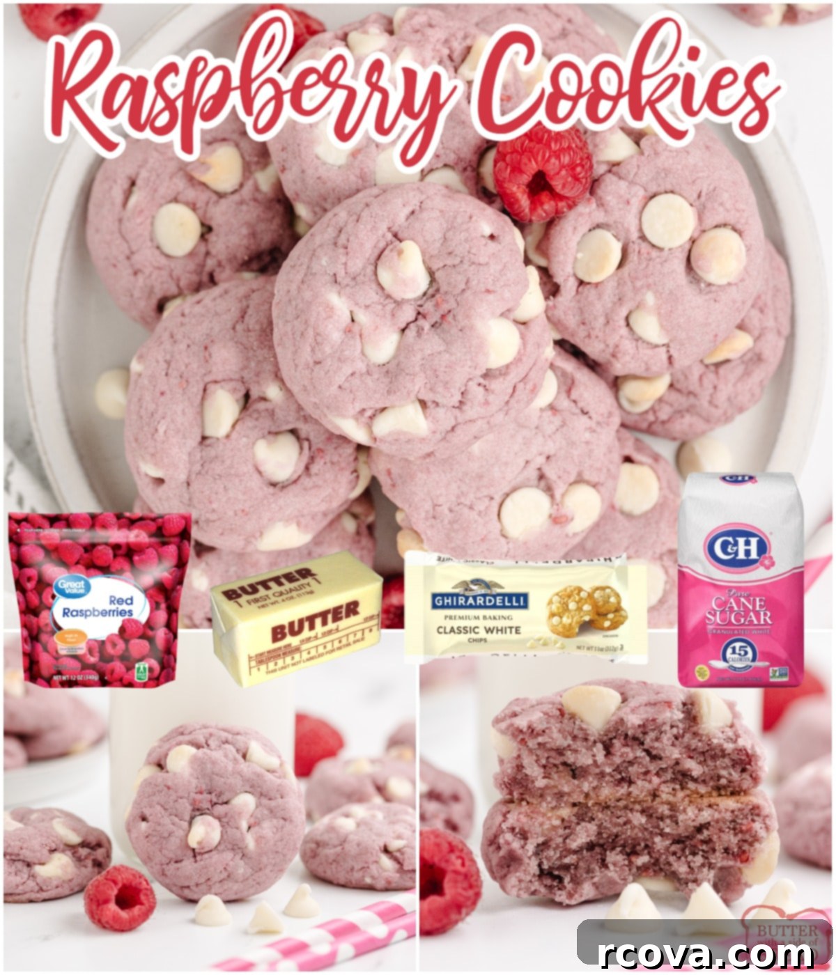 Ruby Red Raspberry Bites 10 Collage showing various stages of making Raspberry White Chocolate Chip Cookies, from ingredients to baked result.
