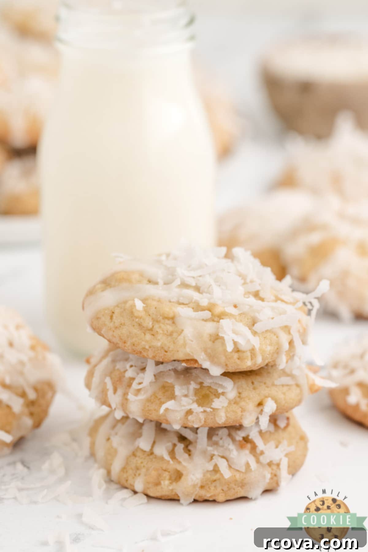 Piña Colada Paradise Bites 17 Stack of cookies made with coconut and pineapple.