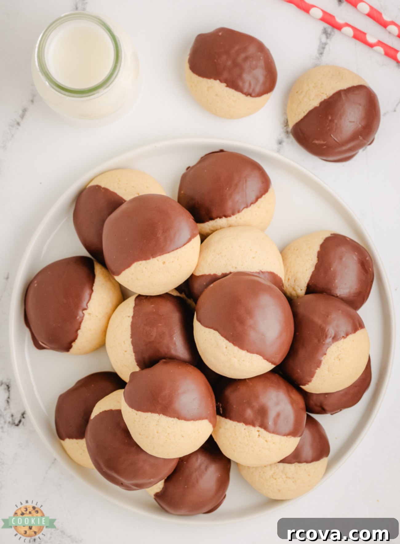 Chocolate-Kissed Vanilla Bliss 6 plateful of soft vanilla cookies dipped in chocolate, ready to eat