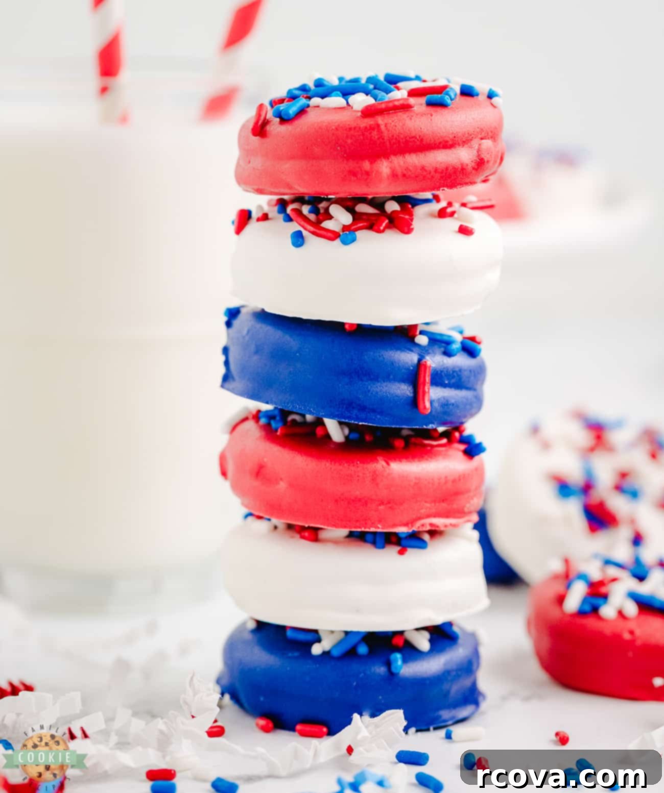 Stars and Stripes Chocolate Covered Oreos 3 stack of patriotic chocolate covered oreos
