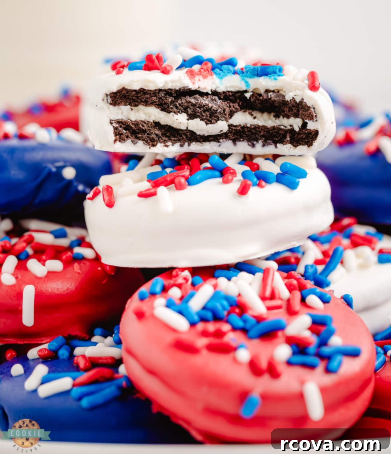 Stars and Stripes Chocolate Covered Oreos 6 chocolate dipped Oreo cookies with a bite taken out