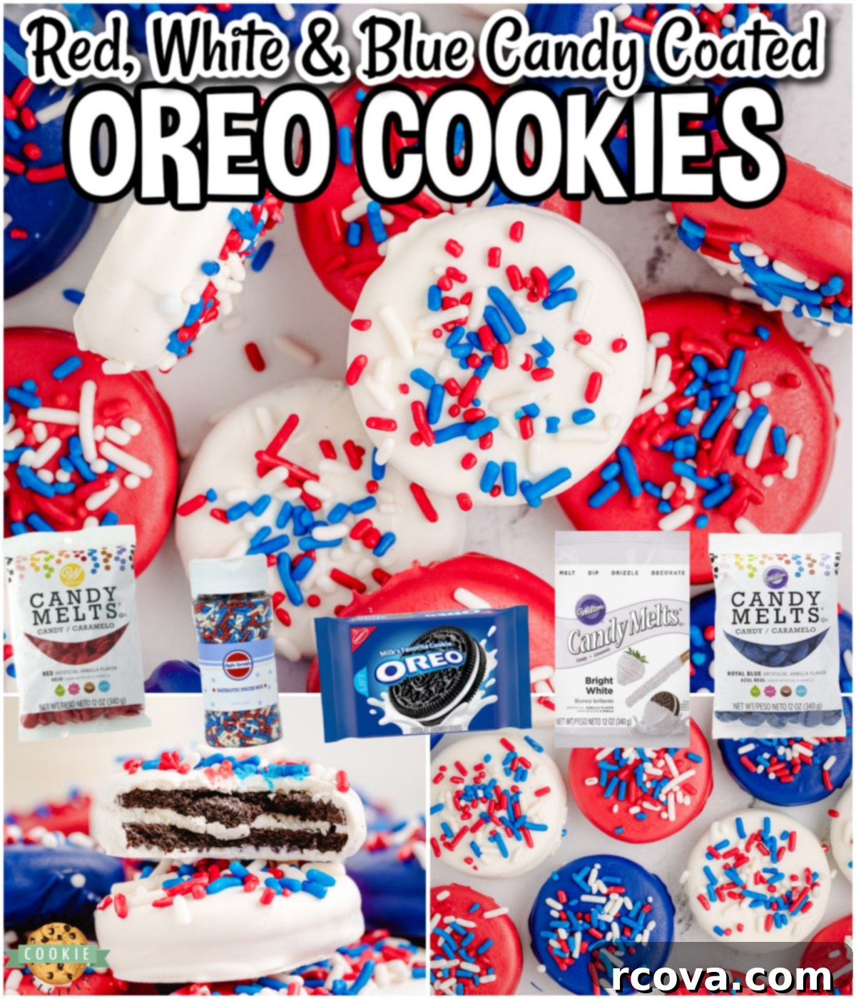 Stars and Stripes Chocolate Covered Oreos 7 Red, White, & Blue Chocolate Covered Oreos are a simple, festive treat that are perfect for 4th of July! Chocolate dipped Oreo cookies in patriotic colors & holiday sprinkles are always a hit!