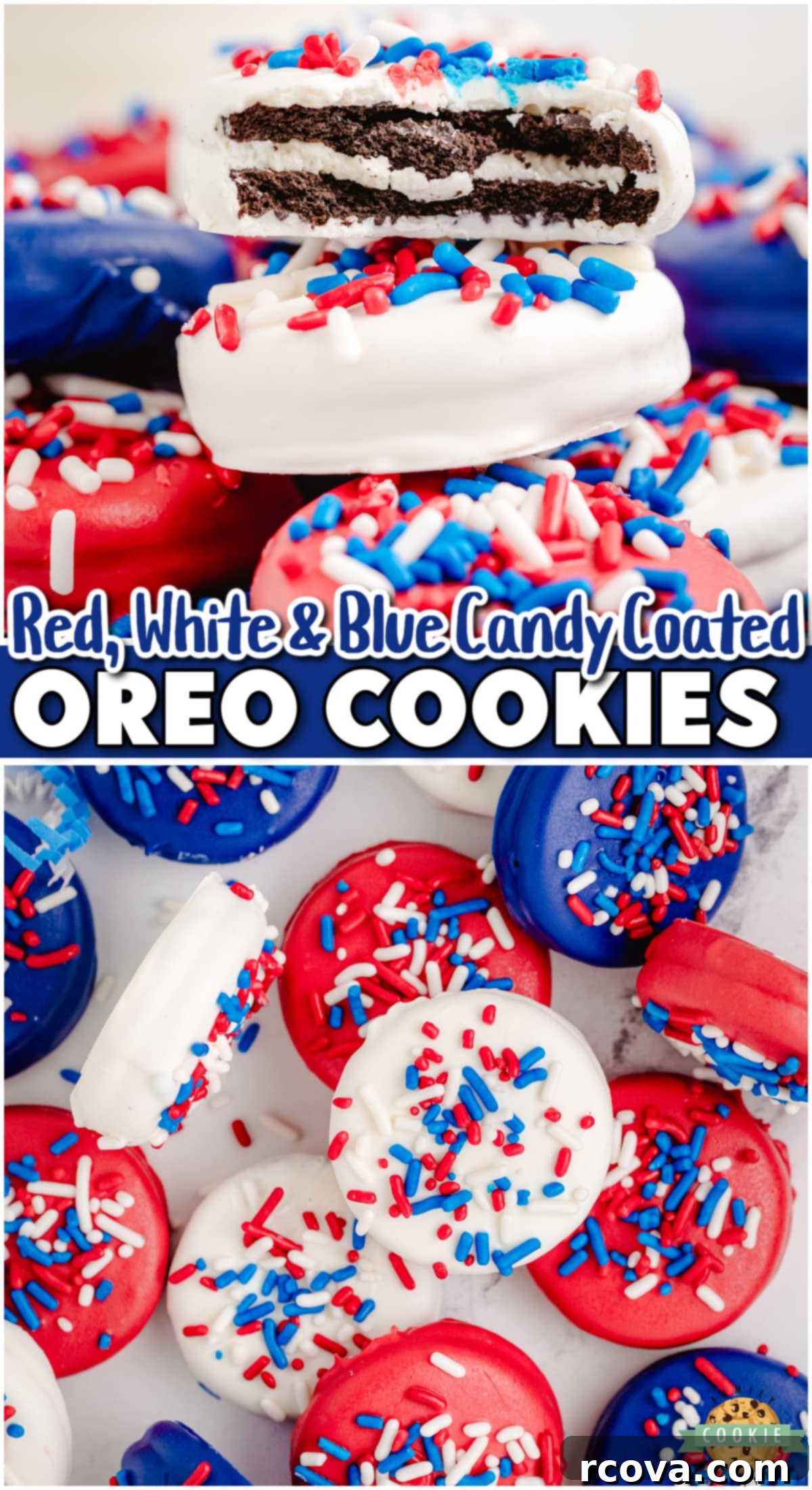 Stars and Stripes Chocolate Covered Oreos 8 Red, White, & Blue Chocolate Covered Oreos are a simple, festive treat that are perfect for 4th of July! Chocolate dipped Oreo cookies in patriotic colors & holiday sprinkles are always a hit!