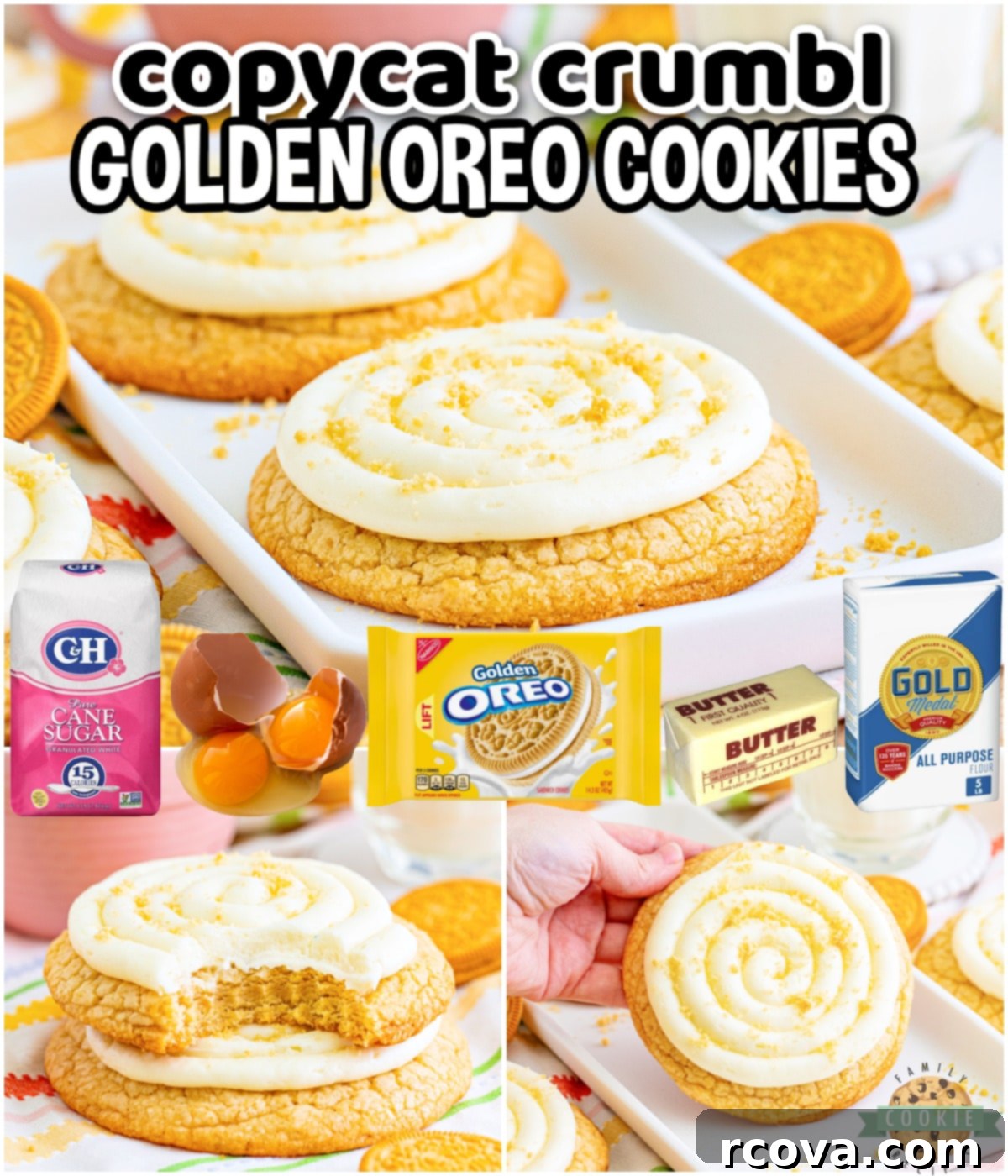 Crumbl-Inspired Golden Oreo Cookies 11 A collage of Copycat Crumbl Golden Oreo Cookies from different angles, showcasing their thick, chewy texture and creamy frosting.
