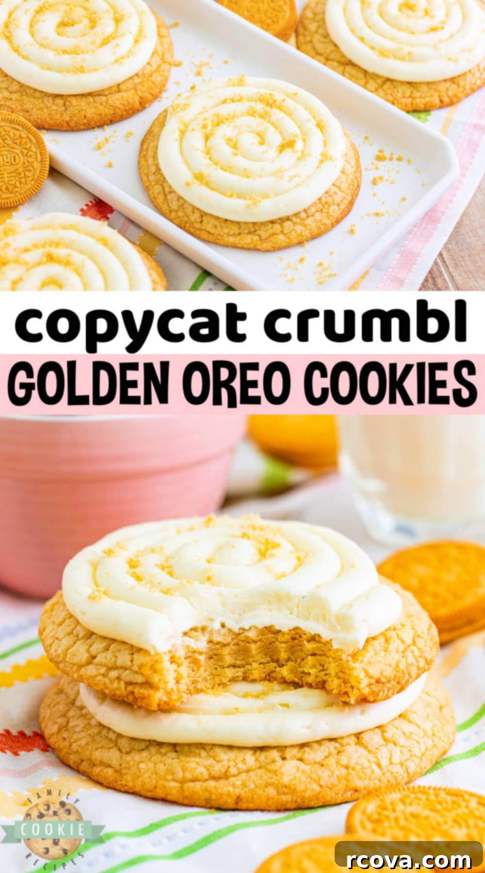 Crumbl-Inspired Golden Oreo Cookies 15 An appetizing close-up of a Copycat Crumbl Golden Oreo Cookie with its signature cream cheese frosting and Golden Oreo crumb topping.