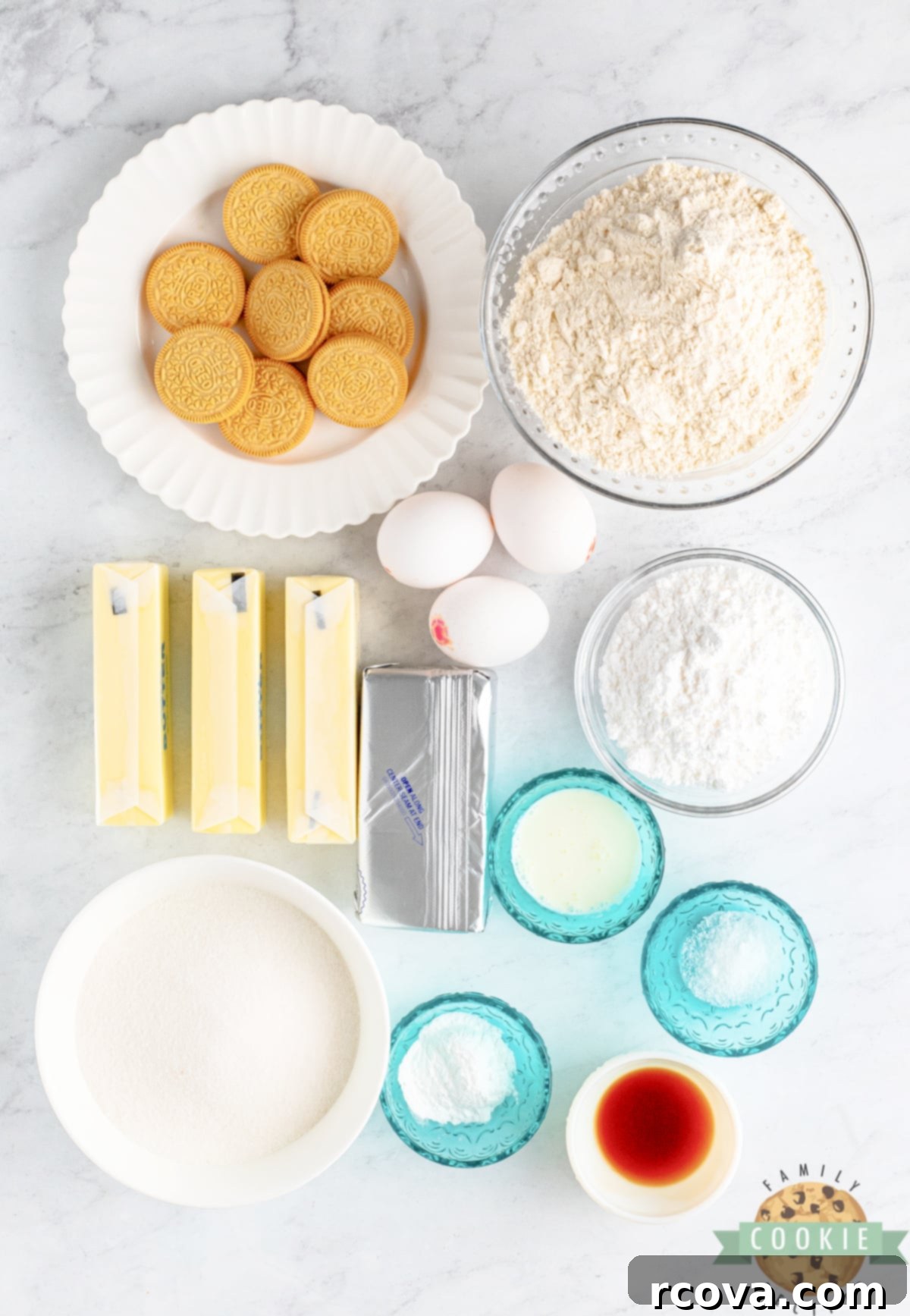 Crumbl-Inspired Golden Oreo Cookies 4 Various ingredients for Copycat Crumbl Golden Oreo Cookies laid out on a kitchen counter: Golden Oreos, flour, butter, sugar, eggs, vanilla, cream cheese, powdered sugar, heavy cream.