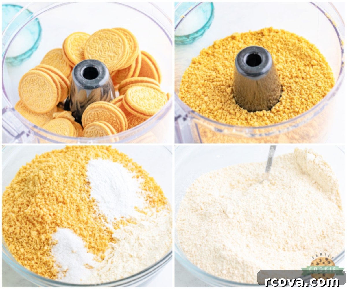 Crumbl-Inspired Golden Oreo Cookies 6 Golden Oreo cookies being crushed into fine crumbs in a food processor.