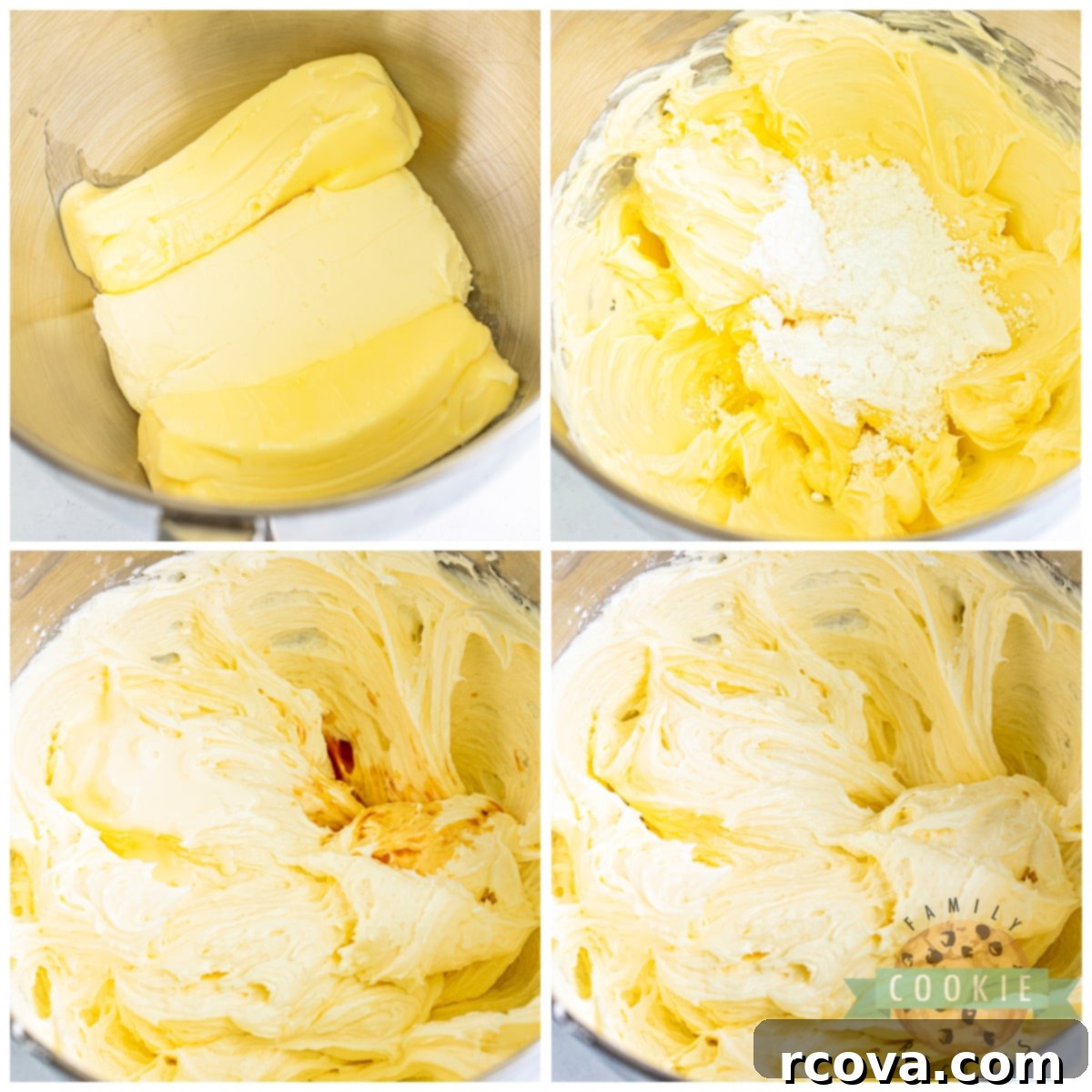 Crumbl-Inspired Golden Oreo Cookies 9 Making smooth cream cheese frosting in a stand mixer with softened butter and cream cheese.