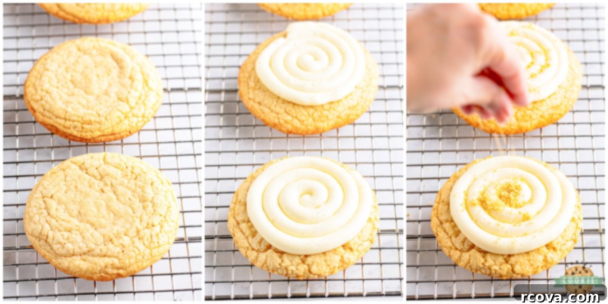 Crumbl-Inspired Golden Oreo Cookies 10 Swirls of cream cheese frosting being piped onto a baked vanilla cookie using a Wilton 2A tip.
