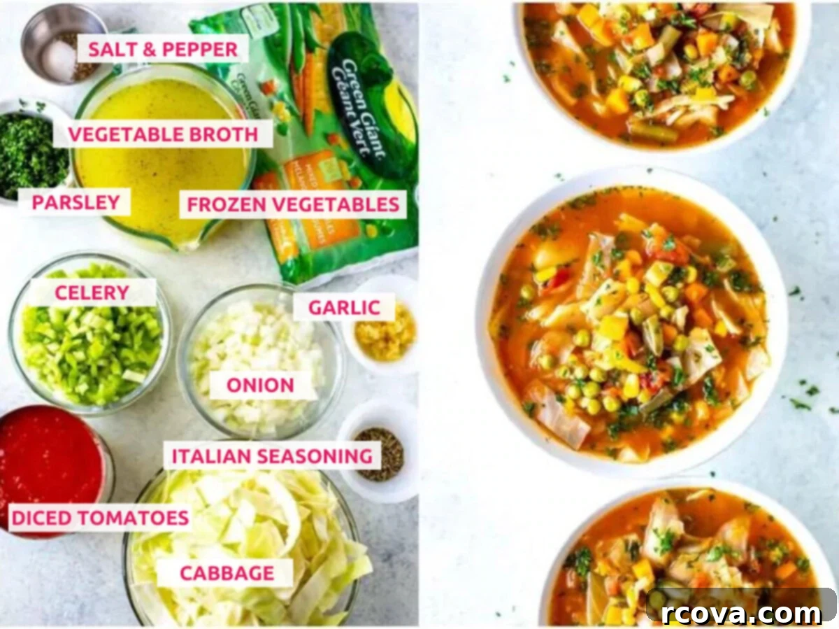 Wholesome Cabbage Reset Soup 4 A selection of fresh ingredients for healthy cabbage soup, including chopped cabbage, diced tomatoes, onion, garlic, celery, Italian seasoning, fresh parsley, vegetable broth, and mixed frozen vegetables, neatly arranged on a wooden board.