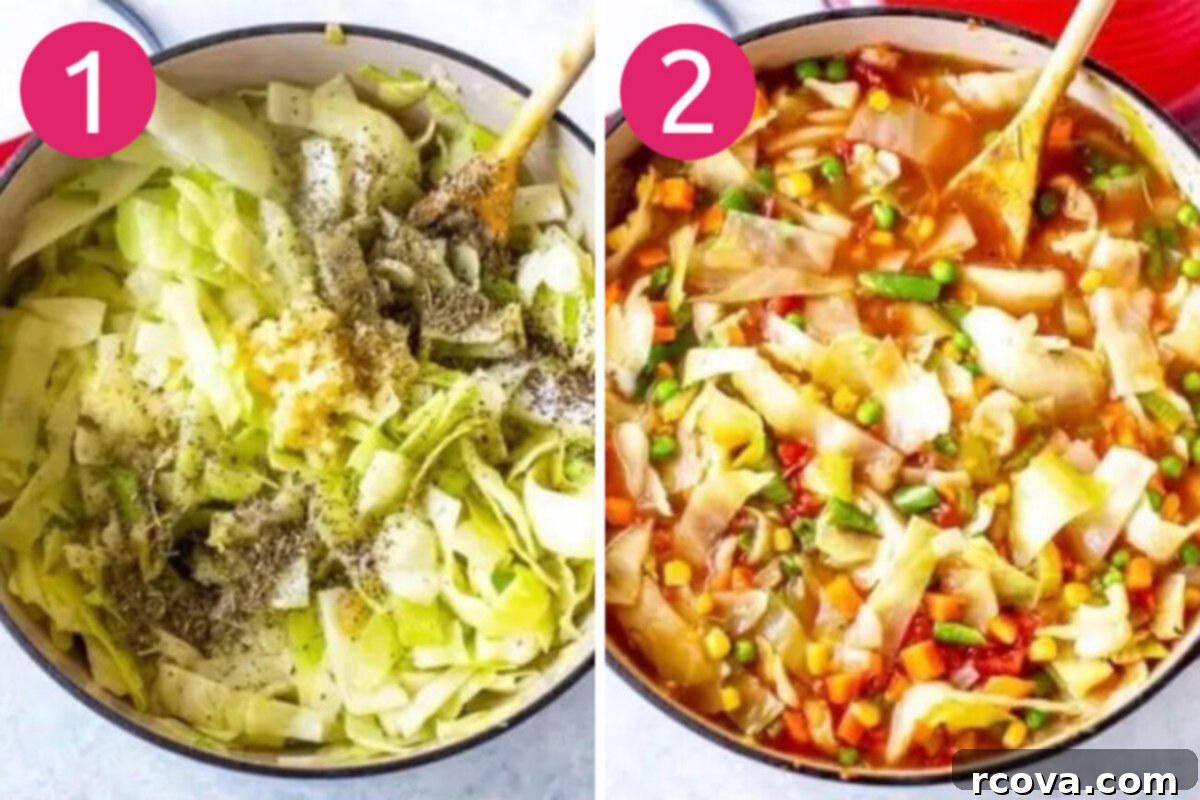 Wholesome Cabbage Reset Soup 5 Two images side by side showing the initial steps of making cabbage soup: first, sautéing the chopped vegetables in a pot, and second, adding canned diced tomatoes, vegetable broth, and frozen vegetables to the pot.