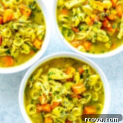 Soul-Soothing Chicken Elixir 11 A warm, inviting bowl of The Best Ever Healing Chicken Soup, featuring tender chicken, fresh vegetables, and delicate pasta in a rich, golden broth, perfect for boosting wellness.