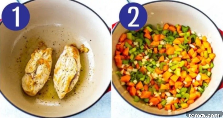 Soul-Soothing Chicken Elixir 5 Step-by-step cooking process images for healing chicken soup, showing the initial searing of chicken and the sautéing of vegetables.