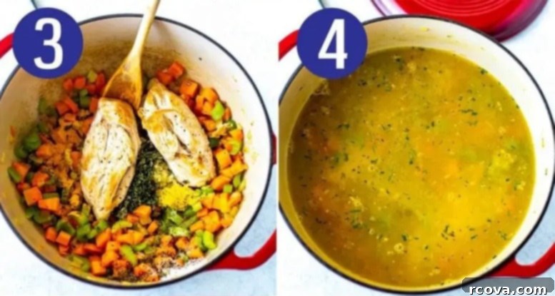 Soul-Soothing Chicken Elixir 6 Sequential images demonstrating the third and fourth steps of making healing chicken soup: adding seasonings and simmering the broth with pasta.