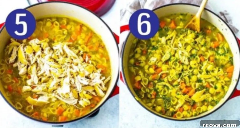Soul-Soothing Chicken Elixir 7 The final two steps in preparing healing chicken soup: shredding the tender chicken and stirring it back into the pot with fresh parsley for serving.