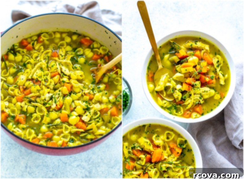 Soul-Soothing Chicken Elixir 9 A collage displaying a freshly cooked pot of Best Ever Healing Chicken Soup and two inviting bowls of the soup, highlighting its rich texture and comforting appeal.