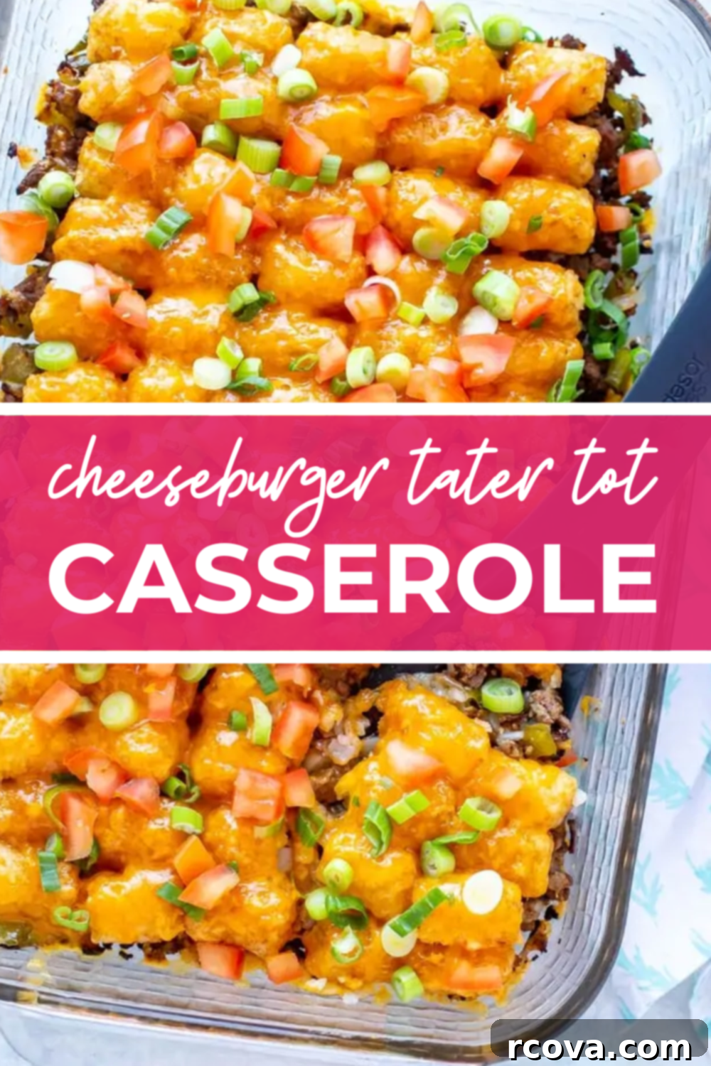 Crispy Tot Cheeseburger Bake 12 A cheeseburger tater tot casserole in a baking dish, ready to be served, highlighting its comforting appeal.